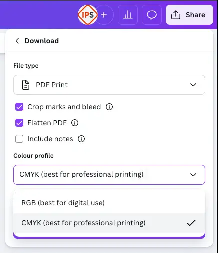 A screenshot of Canva PDF Print download settings, with the colour profile as CMYK And "Crop marks and bleed" and "flatten pdf" selected